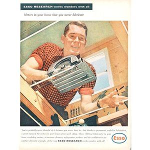 1956 Esso Research Vintage Print Ad Photo Carpentry Woodworking Circular Saw Art